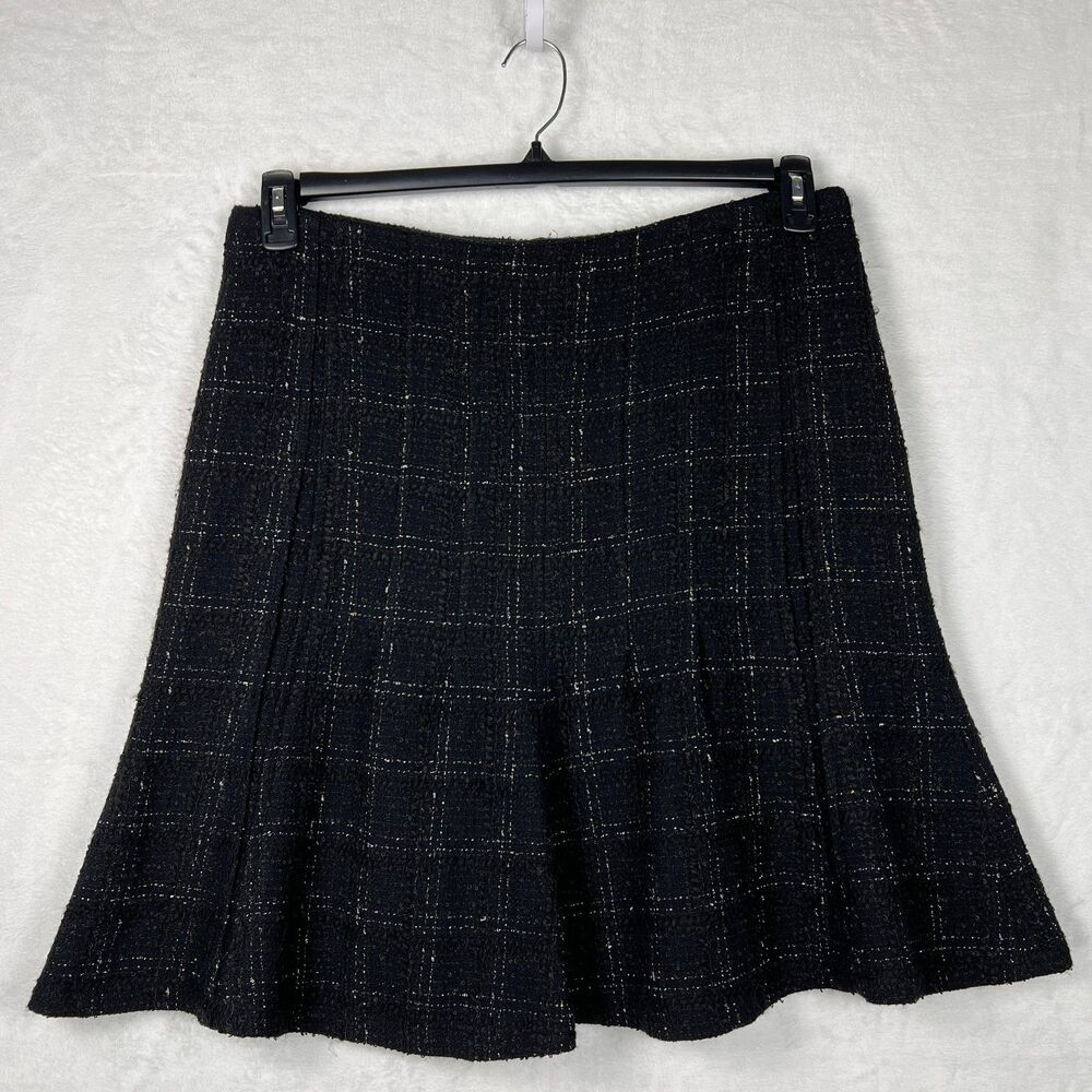 Akris Punto Black Tweed Flounce Skirt Size 12 Plaid Pleated A Line Lined